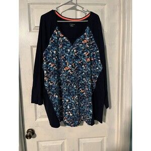 Catherines 26/28W 3X Long Sleeve Blue Pullover Stretch Crew Neck